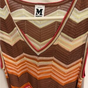 Missoni Brown Chevron V-Neck Sweater with Peach and Coral Trim